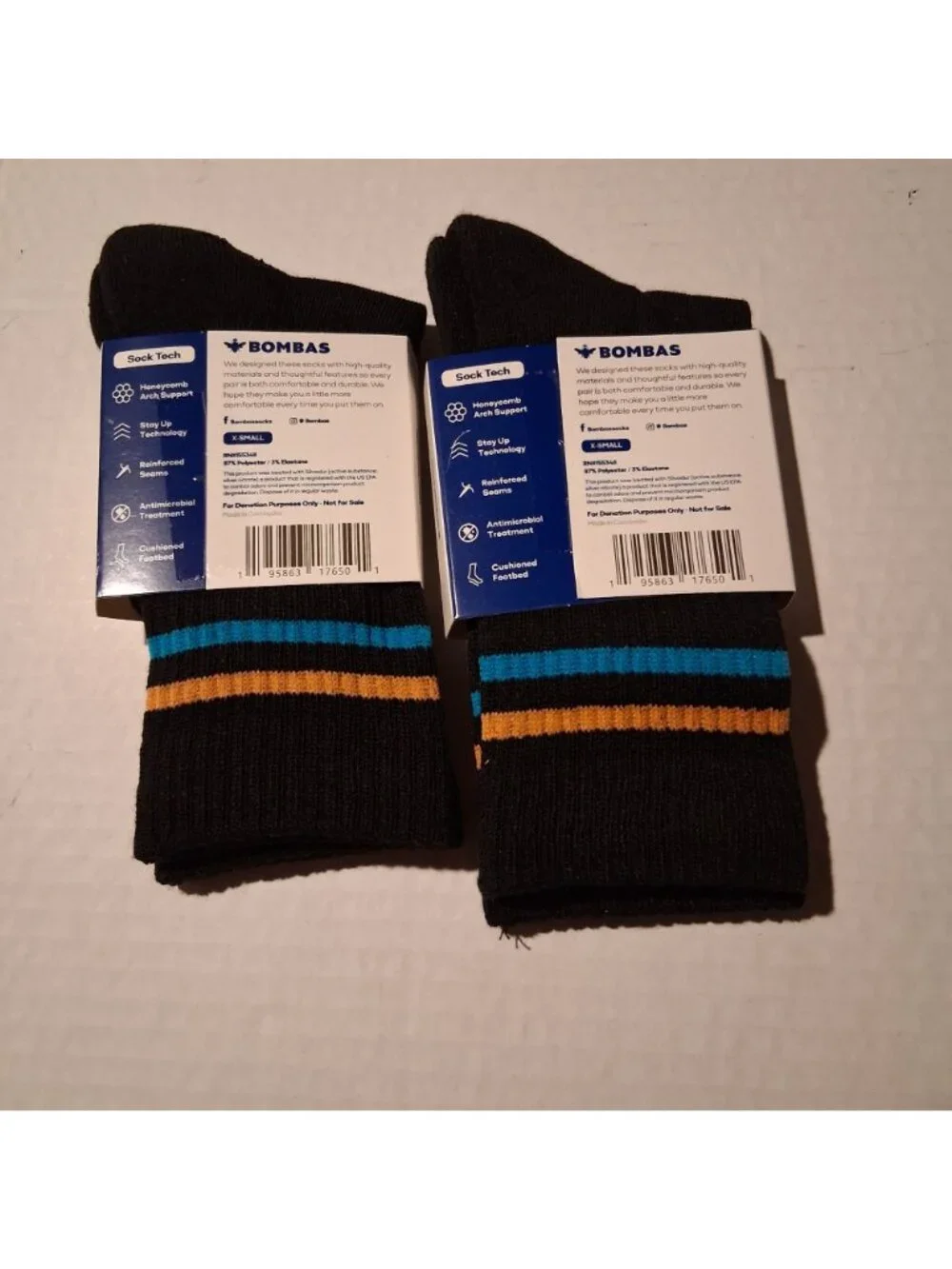 Bombas XS Black Socks With Blue & Yellow Stripes Cushioned Footbed Arch Support